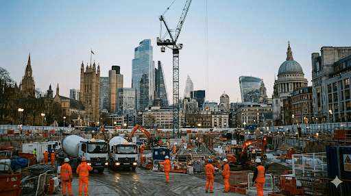 A tower crane and construction workers in PPE on a busy site in central London with the city skyline in the background.